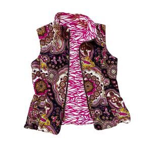 Jude Connally Reversible Quilted Vest M | Pink Zebra & Paisley Sleeveless Jacket